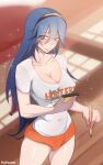  1girl 1girl 1girl alluring alternate_costume bare_arms bare_thighs blue_eyes blue_hair cleavage collarbone female_only fire_emblem fire_emblem_awakening grin hooters indoors katsunei long_hair lucina lucina_(fire_emblem) medium_breasts notebook pen shirt shorts sparkles thighs tiara very_long_hair waitress 