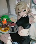  1girl armpits blonde_hair cookie_(touhou) donkey_kong gen_8_pokemon green_eyes joker_(cookie) midriff mizuhashi_parsee nucky☆ pointy_ears rillaboom short_hair sports_bra touhou 