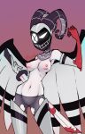 1girl 1monster angel angel_girl blood demon_girl demon_horns exorcist_(hazbin_hotel) fanart hazbin_hotel lute_(hazbin_hotel) pugums sword tits_out topless twitter vivienne_medrano wings