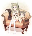  2girls amagai_tarou animal_ears bell bell_collar blonde_hair blush bra bracelet breasts brown_hair cat_ears cat_tail chin_rest cleavage collar couch female garter_belt hair_ribbon highres intertwined_tails jewelry jingle_bell legs lingerie lying multiple_girls neck_ribbon on_stomach original panties payot ponytail purple_eyes ribbon sidelocks sitting stare staring tail thighhighs tiles underwear underwear_only v_arms wing_collar 