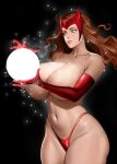  almost_naked almost_nude big_breasts bikini_bottom black_background botslim brown_hair energy_ball gloves glowing hentai-foundry huge_breasts long_gloves long_hair marvel marvel_comics orb panties red_bikini red_gloves red_panties scarlet_witch white_eyes 