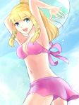  1girl alluring alternate_hairstyle arm armpits arms arms_up art ball bare_legs beach_ball belly bikini bikini_skirt blonde blonde_hair blue_eyes breasts cleavage female hair happy holding legs long_hair looking_at_viewer looking_back midriff navel nintendo open_mouth pink_bikini pink_swimsuit princess_zelda riko_(sorube) skyward_sword smile solo sorube standing swimsuit the_legend_of_zelda the_legend_of_zelda:_skyward_sword 