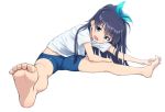 1girl aqua_eyes barefoot bike_shorts black_hair blue_eyes exercise fang feet female ganaha_hibiki hair_ribbon hamuzou idolmaster long_hair looking_at_viewer mofu open_mouth ponytail ribbon shorts simple_background soles solo spread_toes toe_scrunch toes white_background