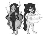  2_girls big_breasts big_forehead cake demon demon_girl demon_horns eating eating_food horns jahy jahy-sama_wa_kujikenai! long_hair maou_(jahy-sama_wa_kujikenai) monochrome onomatopoeia revealing_clothes simple_background smug smug_expression smug_face thick_thighs white_background young_savage 