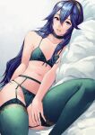 1girl 1girl 1girl alluring ameno_(a_meno0) bad_id bad_twitter_id bed bed_sheet between_legs blue_eyes blue_hair bra breasts choker collarbone fire_emblem fire_emblem_awakening garter_belt garter_straps green_bra green_lingerie green_panties green_thighhighs hair_between_eyes hairband hand_between_legs legs lingerie long_hair looking_at_viewer lucina lucina_(fire_emblem) lying midriff navel nintendo on_bed on_side open_mouth panties pillow print_bra printed_panties small_breasts small_breasts stockings underwear underwear_only very_long_hair