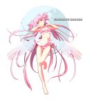  1girl bikini bikini_skirt blush bow character_name earth female frills hair_bow highres kaname_madoka leg_up long_hair mahou_shoujo_madoka_magica navel pink_hair solo swimsuit tsukumo_(soar99) two_side_up ultimate_madoka very_long_hair wings yellow_eyes 