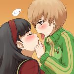 2girls amagi_yukiko bangs black_hair blunt_bangs blush brown_eyes brown_hair chie_satonaka chiwino closed_eyes commentary_request female french_kiss french_kissing hairband heart kiss kissing long_hair multiple_girls persona persona_4 saliva saliva_swap saliva_trail satonaka_chie short_hair tongue yukiko_amagi yuri