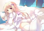  1girl ahoge animal_hood blonde_hair blush bunny_hood feet female hood hoodie long_hair looking_at_viewer looking_back loungewear lying natsuki_coco no_shoes on_stomach original panties smile soles solo tareme thighhighs toes underwear white_legwear white_panties 