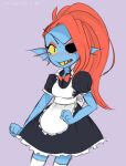  1girl 2010s 2017 2d 2d_(artwork) adorable alternate_costume anthro anthro_only artist_name black_eyepatch blue_body blue_skin blush breasts clothed clothed_female clothing cute deviantart digital_media_(artwork) ear_fins embarrassed eyepatch female_anthro female_only fins fish fish_girl hair head_fins long_hair maid_uniform marine monster monster_girl non-mammal_breasts open_mouth ponytail purple_background red_hair red_ponytail sharp_teeth simple_background slit_pupils solid_color_background solo_anthro solo_female stockings strongfish_(artist) surprised thighhighs toony undertale undertale_(series) undyne video_game_character video_games white_legwear white_stockings white_thighhighs wide_eyed yellow_sclera yellow_teeth 