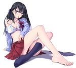  1girl barefoot black_hair bow bowtie bra feet female hair_ribbon half_updo kneehighs legs long_hair mouth_hold navel no_shoes off_shoulder original purple_eyes ribbon single_sock sitting skirt socks socks_removed solo takeuchi_aya toes underwear undressing 