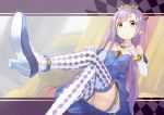  1girl bare_shoulders blush crossed_legs elbow_gloves female foreshortening gloves green_eyes high_heels jewelry legs_crossed long_hair looking_at_viewer lots_of_jewelry necklace outbreak_company panties petralka_anne_eldant_iii purple_hair shirabi_(life-is-free) smile solo thighhighs tiara underwear white_gloves white_panties 