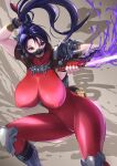 1girl alluring arm_guards armor big_breasts black_hair bodysuit brown_eyes covered_erect_nipples ema_(emaura) fingerless_gloves gloves impossible_bodysuit impossible_clothes kodachi kunoichi long_hair ninja ponytail project_soul red_bodysuit short_sword shoulder_armor skin_tight sleeveless sleeveless_bodysuit soul_calibur soul_calibur_ii soul_calibur_iii soul_calibur_vi sword sword_behind_back taki weapon