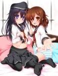 2girls akatsuki_(kantai_collection) black_hair brown_eyes brown_hair female frown hair_ornament hairclip hat ikazuchi_(kantai_collection) kantai_collection long_hair looking_at_viewer multiple_girls narumi_yuu_(imitmoon) on_bed open_mouth outstretched_arm outstretched_hand panties panties_under_pantyhose pantyhose partially_undressed personification petite purple_eyes school_uniform serafuku skirt skirt_removed striped striped_panties underwear white_panties