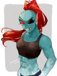  1girl 2d 2d_(artwork) abs anthro anthro_only artist_name black_bottomwear black_topwear blue_body blue_skin bottomwear breasts cleavage clothed clothed_female clothing corogarucoromo digital_media_(artwork) ear_fins eyepatch female_abs female_anthro female_only fins fish fish_girl hair head_fins long_hair looking_at_viewer marine midriff monster monster_girl muscle muscular muscular_anthro muscular_female navel non-mammal_breasts non-mammal_navel pixiv ponytail red_hair red_ponytail sharp_teeth slit_pupils solo_anthro solo_female tank_top teeth topwear undertale undertale_(series) undyne video_game_character video_games white_border yellow_sclera yellow_teeth 