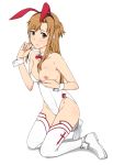  1girl adapted_costume animal_ears asuna_(sao) bow bowtie breasts brown_eyes brown_hair bunny_ears bunnysuit detached_collar female ichihisa long_hair nipples sword_art_online thighhighs wrist_cuffs 