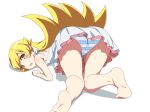 1girl all_fours ass barefoot blonde_hair feet female long_hair monogatari_(series) nisemonogatari ookanehira oshino_shinobu panties soles striped striped_panties top-down_bottom-up underwear yellow_eyes