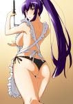  1girl apron armpits ass back black_panties breasts busujima_saeko female from_behind highschool_of_the_dead ladle large_breasts long_hair looking_back naked_apron nearly_naked_apron panties ponytail purple_eyes purple_hair shouji_2 shouji_nigou side-tie_panties sideboob solo underwear 