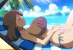  1girl accurate_art_style alluring beach big_breasts bikini blue_sky brown_hair cleavage closed_eyes may may_(pokemon) mayday_(artist) nintendo ocean on_recliner pokemon pokemon_rse_(anime) seashell_bikini seashell_bra 