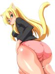 1girl animal_ears aqua_eyes ass barefoot blonde_hair blush breasts cat_ears cat_tail crotch female from_behind from_below green_eyes hand_on_hip long_hair looking_at_viewer looking_back looking_down nokoppa original panties pink_panties skindentation smile solo tail thighs trefoil underwear