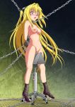 1girl arms_behind_back bdsm blonde_hair blush bondage bound breasts chains collage_(artist) collar female konjiki_no_yami leash long_hair navel nipple_piercing nipples nude piercing purple_eyes pussy pussy_juice saliva solo sweat tears to_love-ru uncensored wooden_horse