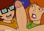  1boy 2_girls bitch brown_hair clothed_female_nude_male daphne_blake glasses light-skinned_female light_skin looking_at_penis mwxxxart orange_hair penis penis_awe pov scooby-doo velma_dinkley 