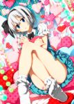 1girl :o argyle bare_legs blue_eyes blush bobby_socks bow colored_eyelashes convenient_leg crossed_legs feet female hairband heart heart_pillow holding konpaku_youmu legs legs_crossed no_shoes pillow polka_dot sazanami_mio short_hair silver_hair sitting skirt socks soles solo toe-point toes touhou