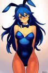  1girl alluring animal_ears arms_behind_back artist_name bare_shoulders blue_bow blue_eyes blue_hair blue_leotard blush bow bow_choker brand_of_the_exalt breasts bunnysuit cleavage closed_mouth cowboy_shot fake_animal_ears fire_emblem fire_emblem_awakening hair_between_eyes high_res leotard long_hair looking_at_viewer lucina lucina_(fire_emblem) nintendo pantyhose playboy_bunny rabbit_ears smgold smile strapless strapless_leotard symbol_in_eye 