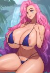  1girl 1girl 2024 ai_generated areola_slip big_breasts big_breasts bikini blue_bikini blue_eyes breasts breasts_bigger_than_head breasts_squeezed_together curvy gigantic_breasts gradient_hair huge_breasts league_of_legends long_hair looking_at_viewer nai_diffusion navel pink_hair riot_games seraphine_(league_of_legends) smile solo_female stable_diffusion star_facial_mark string_bikini thick_thighs 