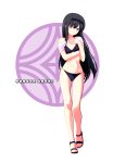 1_girl 1girl akemi_homura art bikini black_bikini black_hair blush character_name covering female frown full_body hairband high_heels highres homura_akemi long_hair mahou_shoujo_madoka_magica navel open_shoes sandals shoes side-tie_bikini simple_background solo standing swimsuit tsukumo_(soar99) white_background