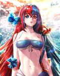  1girl 1girl alear_(female)_(fire_emblem) alear_(fire_emblem) alluring alternate_costume bikini blue_bikini blue_eyes blue_hair braid crossed_bangs crown_braid esther_shen fire_emblem fire_emblem_engage heterochromia medium_breasts multicolored_hair nintendo red_eyes red_hair split-color_hair swimsuit tiara two-tone_hair 