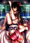  2girls :p bare_legs bare_shoulders barefoot bed belt black_hair blue_eyes blush body_blush braid building checkered checkered_floor choker collarbone dress feet female fingerless_gloves floor glass gloves hair_between_eyes indoors knees_up kurosaki_mea leg_grab leg_up legs long_hair looking_at_viewer lying master_nemesis midriff multiple_girls night red_hair short_shorts shorts shueisha sitting thigh_strap to_love-ru to_love-ru_darkness toes tongue tongue_out wariza wavy_mouth xyomouse yellow_eyes yuri 