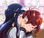 2girls art black_hair blue_hair blush closed_eyes female french_kiss friends futaba_aoi_(vividred_operation) hair hairband hand_on_face hands_on_face heart isshiki_akane kemoyuri kiss kissing long_hair long_sleeves love multiple_girls red_hair redhead saliva saliva_trail school_uniform short_hair short_twintails tongue vividred_operation window yuri