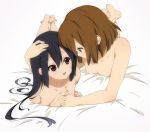  2girls art barefoot bed black_hair blush brown_eyes brown_hair couple feet female friends hair hand_holding happy hirasawa_yui holding_hands k-on! long_hair lying multiple_girls mutual_yuri nakano_azusa nude official_style on_stomach ragho_no_erika short_hair smile toes yui_hirasawa yuri 