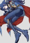  1girl alluring alternate_costume ameno_(a_meno0) armor armored_boots ass ass_focus belt big_ass blue_cape blue_eyes blue_footwear blue_gloves blue_hair boots brand_of_the_exalt breastplate brown_belt cape female_only fire_emblem fire_emblem_awakening fire_emblem_heroes gauntlets gloves gold_trim hair_between_eyes long_hair looking_at_viewer lucina lucina_(fire_emblem) lucina_(glorious_archer)_(fire_emblem) lying lying_on_ground nintendo official_alternate_costume on_side parted_lips pauldrons red_cape shoulder_armor symbol_in_eye tiara two-tone_cape 