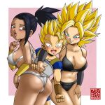  1boy 2_girls age_difference ass ass_focus big_breasts bikini black_bikini black_hair black_panties blonde_hair breasts cabba caulifla dark-skinned_female dark_skin dragon_ball dragon_ball_super femdom ffdoujin franfuentesart2 hetero kale_(dragon_ball) panties pervert pervert_female sex_invitation sexually_suggestive smile 