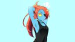  1girl 2d 2d_(artwork) anthro anthro_only armpit armpits artist_request black_tank_top black_topwear blue_background blue_body blue_skin breasts cleavage clothed clothed_female clothing cyan_background digital_media_(artwork) ear_fins eyepatch female_anthro female_only fins fish fish_girl hair hands_behind_head head_fins marine monster monster_girl no_bra non-mammal_breasts notice_lines ponytail pose posing red_hair red_ponytail sharp_teeth sideboob simple_background slit_pupils solo_anthro solo_female tank_top topwear undertale undertale_(series) undyne upper_body video_game_character video_games yellow_sclera 