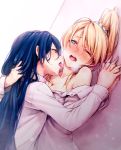 2_girls 2girls against_wall art ayase_eli blonde_hair blue_eyes blue_hair blush breasts cleavage dress_shirt dutch_angle female hair_grab hand_holding interlocked_fingers licking licking_neck long_hair love_live!_school_idol_project multiple_girls off_shoulder one_eye_closed open_mouth ponytail school_uniform scrunchie shirt shirt_pull small_breasts sonoda_umi sweat wince yukiiti yuri