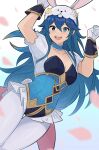 1girl 1girl :d alluring animal_ears blue_eyes blue_hair choker collarbone dutch_angle fake_animal_ears fire_emblem fire_emblem_awakening fire_emblem_heroes frilled_choker frills gloves gold_trim high_res leotard looking_at_viewer lucina lucina_(fire_emblem) lucina_(spring)_(fire_emblem) microskirt nintendo official_alternate_costume open_mouth pantyhose puffy_short_sleeves puffy_sleeves rabbit_ears see-through short_sleeves skirt smgold smile underbust white_gloves