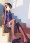  1girl arm_support black_legwear blazer blue_eyes blush brown_hair feet female foreshortening knees_together_feet_apart looking_at_viewer no_shoes original petticoat pov_feet school_uniform shoes_removed sitting skirt soles solo stairs takoyaki_(roast) thighhighs zettai_ryouiki 