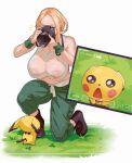 1girl 1pokemon big_breasts camera exposed_breasts ictiwinter materclaws nintendo pichu pokémon viola_(pokemon)