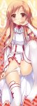 1girl asuna_(sao) blush breastplate brown_eyes brown_hair detached_sleeves female hand_to_mouth hand_to_own_mouth highres long_hair long_image looking_at_viewer panties panty_pull solo sousouman sword_art_online tall_image thighhighs underwear white_legwear white_panties