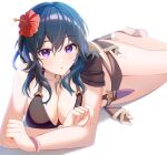  1girl alluring alternate_costume bare_arms bare_shoulders big_breasts bikini black_bikini black_swimsuit blue_eyes byleth_(fire_emblem) byleth_(fire_emblem)_(female) byleth_(summer)_(fire_emblem)_(female) cleavage commentary female_only fire_emblem fire_emblem:_three_houses fire_emblem_heroes flower high_res long_hair looking_at_viewer nintendo official_alternate_costume parted_lips purple_eyes red_flower satoimo_chika simple_background swimsuit teal_hair thighs white_background 