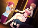 3girls barefoot brown_hair feet female female_only femdom foot foot_lick foot_licking foot_worship green_eyes kneeling licking mei-long10 multiple_girls original red_hair servant skirt slave toes yuri