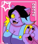  1_girl 1girl 2020 2020s ;d anthro anthro_only artist_name big_breasts black_hair breasts cat cat_paws catty_(undertale) character_name cleavage clothed clothing domestic_cat earring fangs felid feline felis female female_anthro female_only furry furry_female furry_only itanatsu-chan large_filesize monster monster_girl one_eye_closed paws pink_background purple_body purple_fur smile smiling_at_viewer solo solo_anthro solo_female two-tone_hair two_tone_hair undertale undertale_(series) upper_body v v_sign wink winking_at_viewer 