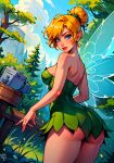 1girl ai_generated ass blonde_hair blue_eyes camera disney disney_fairies fairy fairy_wings female_focus forest miniskirt nature pointy_ears tinker_bell wings