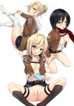 :d annie_leonhart areolae attack_on_titan bangs belt black_hair black_legwear black_skirt blonde_hair blue_eyes blue_panties blush breasts breasts_outside brown_eyes buttons christa_renz collarbone crotch female fingernails green_panties hair_between_eyes hands head_tilt highres holding holding_panties hood hoodie jacket kneehighs kneeling legs lingerie lips long_image long_sleeves looking_at_viewer mikasa_ackerman momonokizmen mound_of_venus multiple_girls nipples no_bra open_clothes open_mouth open_shirt panties panties_around_leg panties_removed panty_pull parted_lips photoshop pink_panties ponytail presenting_panties purple_eyes pussy scarf shingeki_no_kyojin shiny shiny_hair shiny_skin shirt short_hair simple_background sitting skirt smile spread_legs striped striped_panties tall_image thigh_strap thighhighs thighs unbuttoned uncensored underwear undressing uniform white_background white_legwear