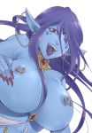 1girl amamori_moru blue_skin breasts chain chains choker earrings facial_mark female female_only fingernails genie huge_breasts jewelry long_hair lots_of_jewelry magi:_the_labyrinth_of_magic nail_polish navel navel_piercing nipple_piercing nipples paimon piercing pointy_ears purple_hair solo solo_female tongue tongue_piercing