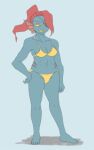 1girl 2d 2d_(artwork) 4_toes anthro anthro_only aruput aruput_ut bikini blue_background blue_body blue_skin breasts digital_media_(artwork) ear_fins eyepatch feet female_only fins fish fish_girl frustrated full_body grumpy hair hair_over_one_eye hand_on_hip hand_on_own_hip hand_on_own_thigh hand_on_thigh head_fins midriff monster monster_girl navel non-mammal_breasts non-mammal_navel ponytail red_hair sharp_teeth simple_background solid_color_background solo_anthro solo_female standing swimsuit tall tall_female undertale undertale_(series) undyne video_game_character video_games yellow_bikini yellow_bikini_bottom yellow_bikini_top