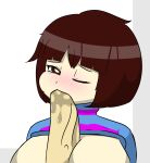  1_girl 1girl 2010s 2018 2d 2d_(artwork) aged_up big_breasts blush breasts brown_eyes brown_hair digital_media_(artwork) fellatio female_focus female_frisk female_human frisk frisk_(undertale) genitals heart human one_eye_closed oral outercourse paizuri penis penis_between_breasts sex shirt_pulled_up shirt_up short_hair smile solo_focus tear tears tonytoran undertale undertale_(series) video_game_character video_games white_background 