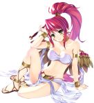 1girl arm_support bandeau bare_shoulders bracelet breasts bucchake_(asami) cleavage collarbone feet female jewelry long_hair looking_at_viewer lots_of_jewelry navel oda_nobunaga_(sengoku_otome) ponytail red_hair sandals sengoku_otome shiny shiny_skin simple_background sitting smile solo tms_entertainment very_long_hair white_background yellow_eyes